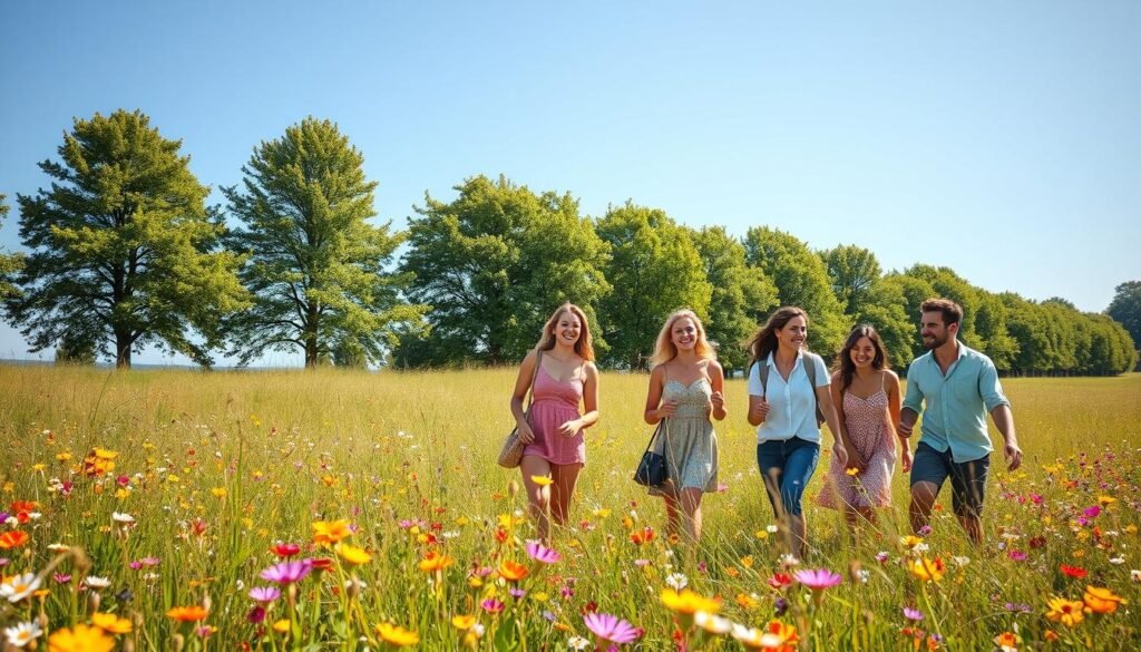 A cheerful and lighthearted weekday scene. A sun-dappled meadow dotted with vibrant wildflowers, with a group of joyful people strolling and picnicking under a clear, azure sky. Warm, diffused lighting illuminates their smiling faces as they chat and laugh, their movements relaxed and carefree. In the background, a row of lush, verdant trees sway gently in a light breeze. The overall atmosphere conveys a sense of tranquility, positivity and pure contentment - a perfect visual representation of the concept of "semana leve e alegre".