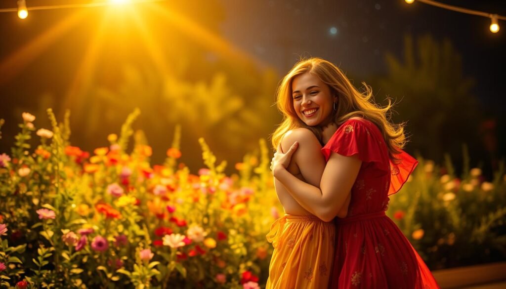 A festive celebration of friendship, capturing the special bond between two cherished companions. In the foreground, two female figures embrace, their faces aglow with joyful smiles. They are dressed in vibrant, flowing dresses, creating a sense of movement and vitality. The middle ground features a lush, blooming garden, with colorful flowers and greenery serving as a natural backdrop. Warm, soft lighting casts a golden, welcoming glow, enhancing the intimate and celebratory atmosphere. In the background, a starry night sky twinkles, adding a touch of whimsy and enchantment to the scene. This image conveys the deep appreciation, unwavering support, and unbreakable connection that lies at the heart of a truly special friendship.
