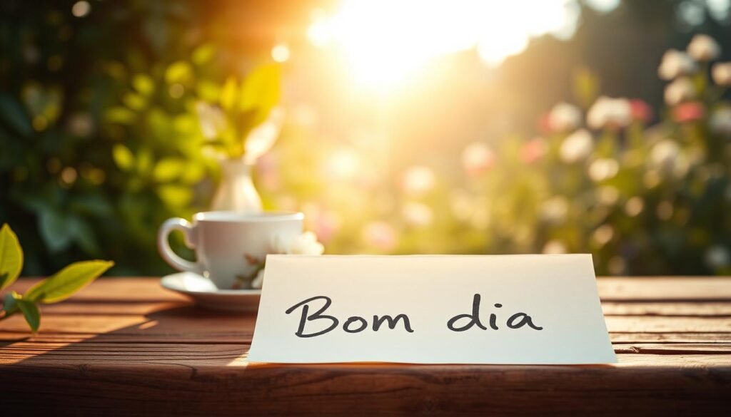 A peaceful morning scene with a glowing sun peeking through lush greenery. In the foreground, a hand-written note on a wooden surface, the words "Bom Dia" shining with warmth and positivity. Soft natural lighting bathes the scene, creating a serene, uplifting atmosphere. In the middle ground, a cup of steaming coffee and a simple floral arrangement, symbolizing the simple joys of the day. The background blurs into a blissful garden, birds chirping and flowers blooming, conveying a sense of hope and tranquility. Overall, the image radiates a spirit of faith, wellbeing, and the profound power of a heartfelt good morning message.