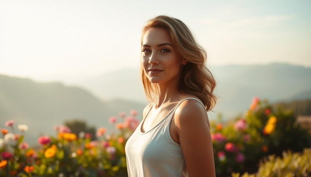 A serene, empowering scene of female emotional strength. In the foreground, a confident woman stands tall, her gaze radiating self-assurance. Soft natural light filters through, casting a warm, uplifting glow. In the middle ground, a lush garden blooms with vibrant flowers, symbolizing the growth and flourishing of inner resilience. The background features a tranquil, ethereal landscape, evoking a sense of harmony and balance. The overall composition conveys a message of self-acceptance, inner peace, and the transformative power of cultivating emotional wellbeing.