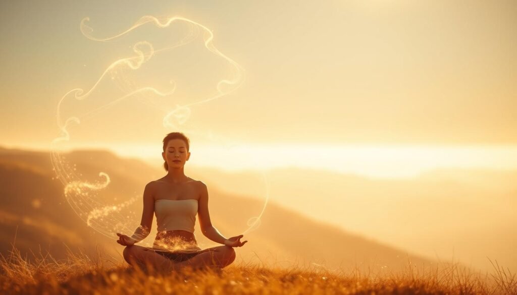 A serene, ethereal landscape bathed in a warm, golden light. In the foreground, a figure sits in a meditative pose, their eyes closed and expression calm, radiating a sense of inner peace and spiritual understanding. Surrounding them, delicate, luminous wisps of energy swirl and dance, creating an atmosphere of profound connection and transcendence. In the middle ground, a distant horizon line blends seamlessly with the soft, hazy sky, suggesting a boundless realm of spiritual exploration. The overall mood is one of contemplation, harmony, and the profound embrace of the divine.