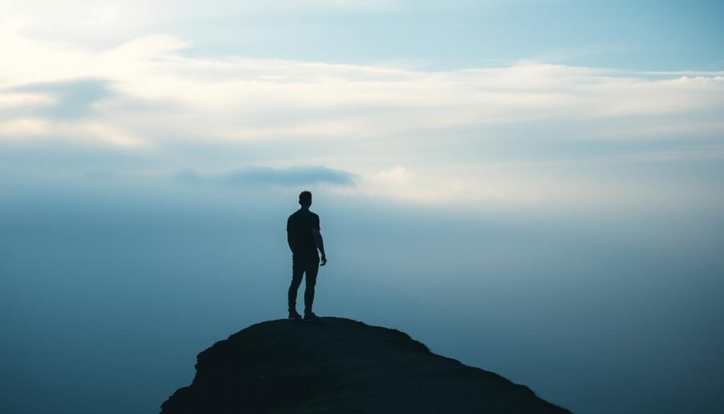 A serene, minimalist landscape with a lone figure standing atop a cliff, gazing out at the horizon. The sky is a calming gradient of blues and grays, with soft clouds drifting overhead. The figure is backlit, their silhouette strong and determined, conveying a sense of focus and resolve. In the foreground, a path winds its way up the cliff, leading the viewer's eye towards the central subject. The lighting is soft and natural, creating a contemplative and introspective atmosphere. The overall composition is balanced and visually striking, inspiring a sense of inner strength and perseverance.