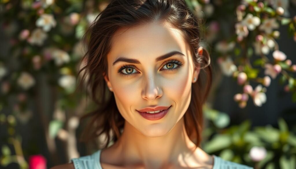 A serene portrait of a confident, empowered woman, her gaze radiating self-assurance. Soft natural lighting illuminates her face, casting gentle shadows that accentuate her delicate features. In the background, a lush, verdant garden provides a tranquil, feminine ambiance, with blossoming flowers and swaying foliage. The woman's expression conveys a sense of inner strength and resilience, her posture upright and poised, capturing the essence of feminine self-esteem. This image evokes a mood of self-acceptance, inner peace, and the beauty of the feminine spirit.