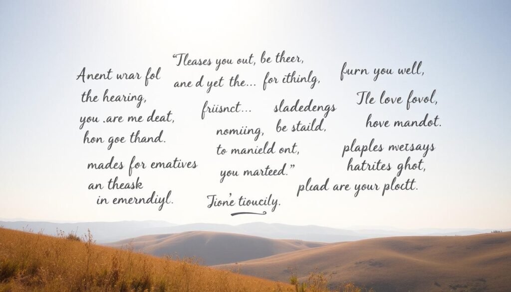 A serene, sun-dappled landscape with rolling hills in the background. In the foreground, a collection of inspirational handwritten phrases float gracefully against a soft, textured background, their calligraphic strokes reflecting the warmth and positivity of the scene. The phrases are rendered in a muted color palette, blending seamlessly with the natural tones of the environment. The overall composition conveys a sense of tranquility and inner calm, inviting the viewer to pause and reflect on the empowering messages displayed.